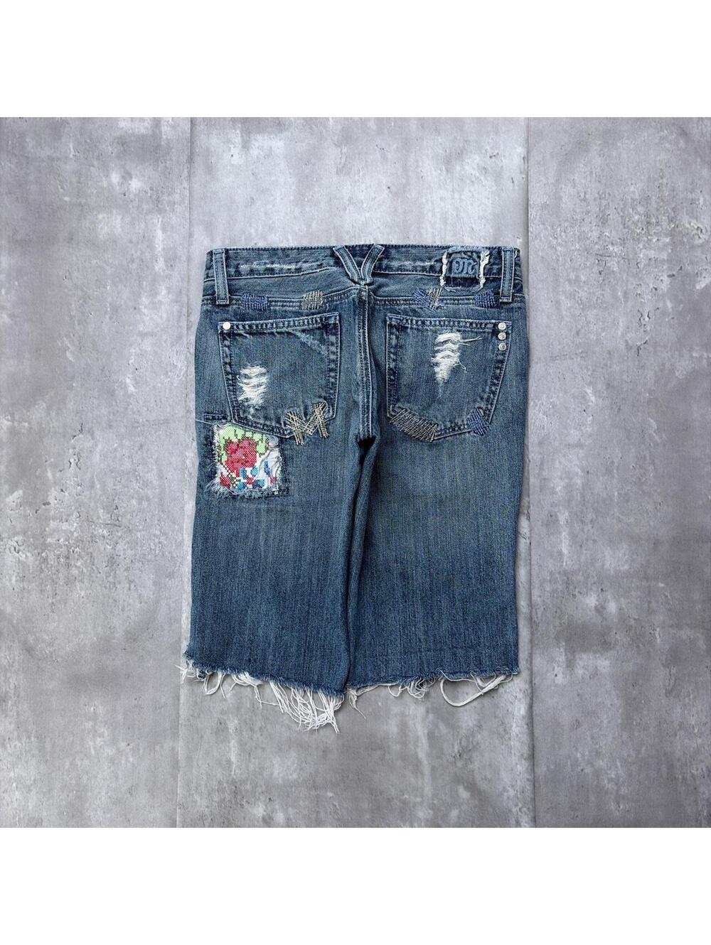Y2K Blue Miss Me Grunge Floral Patchwork Denim Bermuda Shorts